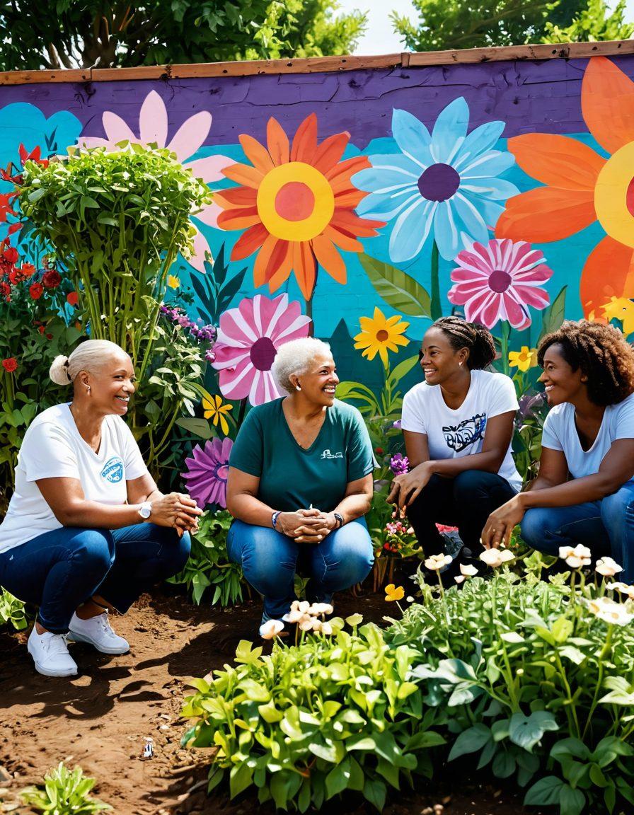 A diverse group of people gathered in a vibrant community garden, showcasing solidarity and support, planting flowers together while sharing stories of overcoming cancer challenges. In the background, a colorful mural depicting hope, resilience, and wellness symbols. Gentle sunlight filters through lush greenery, creating a warm, inviting atmosphere. super-realistic. vibrant colors. peaceful setting.