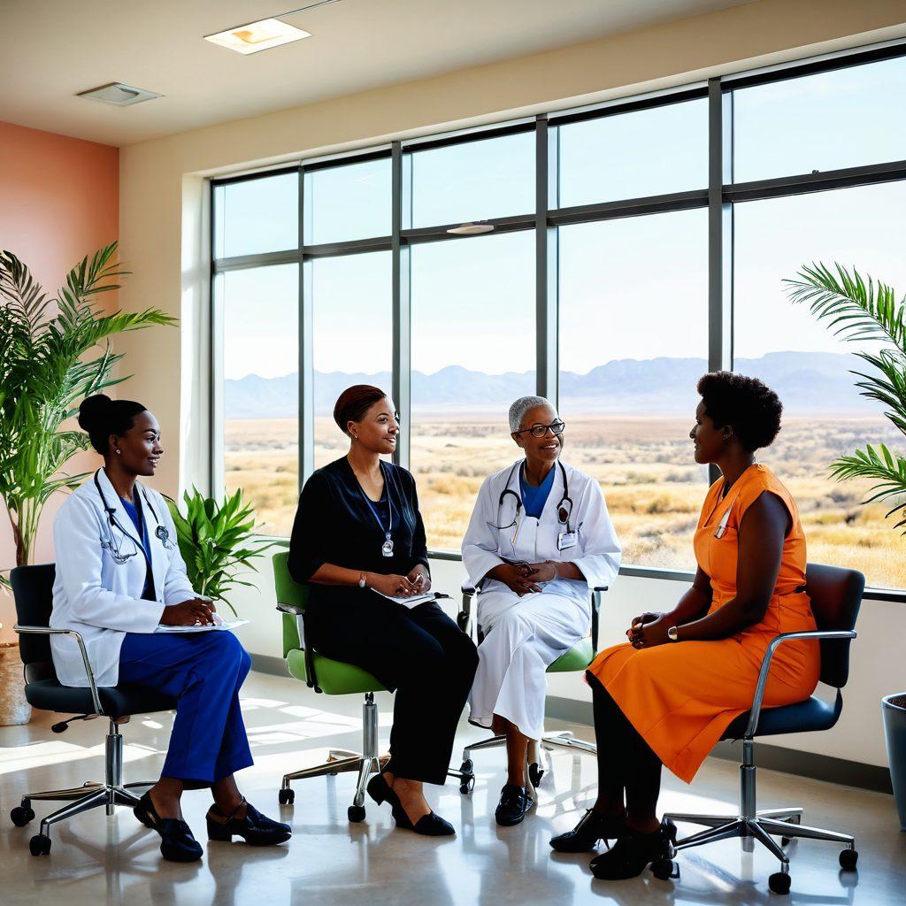 A diverse group of healthcare professionals discussing cancer treatment in a bright, open clinic setting, with African landscapes visible through the windows. Include elements like medical charts, plant decor, and a supportive patient in the background, symbolizing hope and resilience. Vivid colors to emphasize the positivity in cancer care. super-realistic. vibrant colors. natural light.